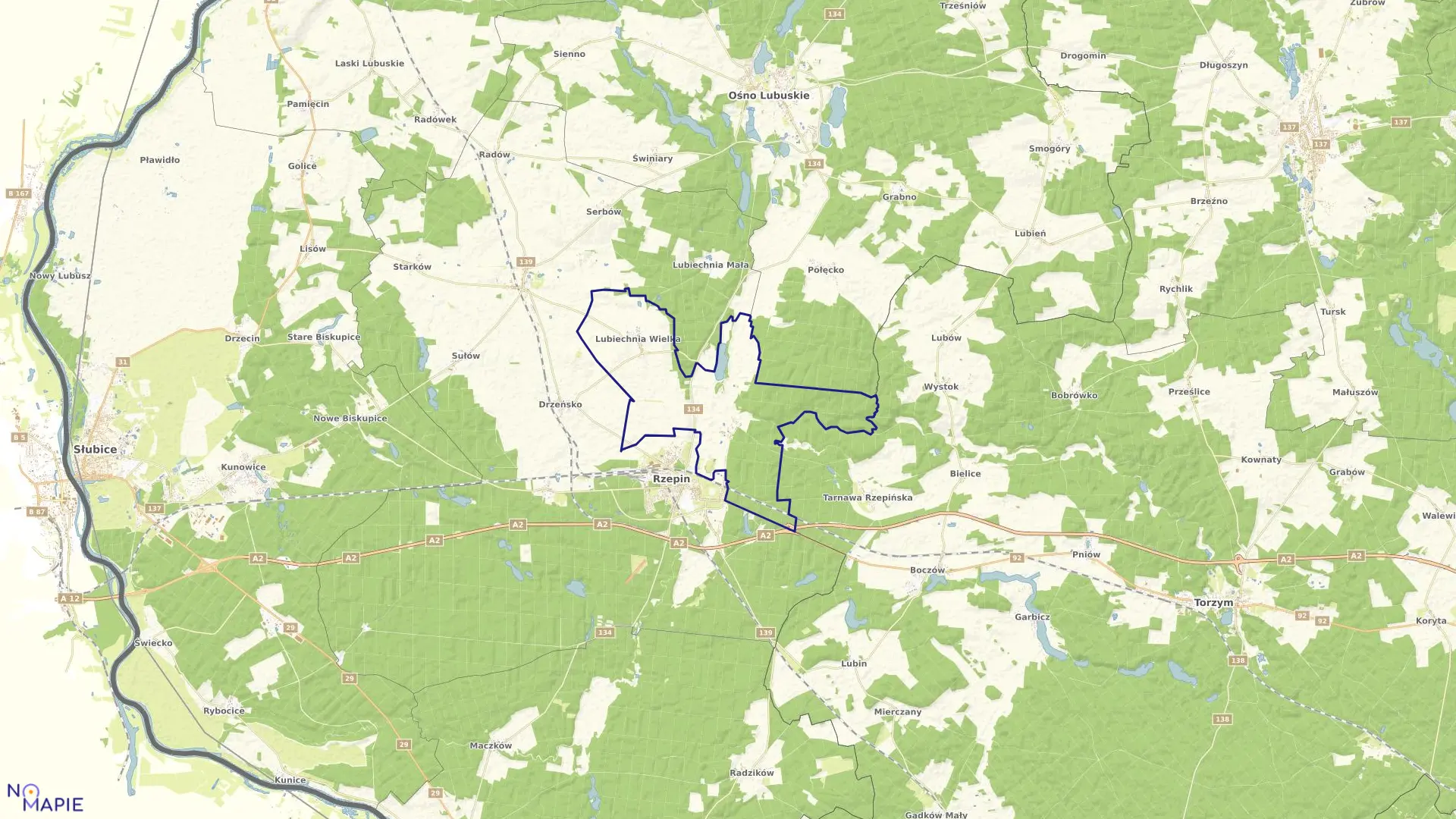 Mapa obrębu Lubiechnia Wielka w gminie Rzepin